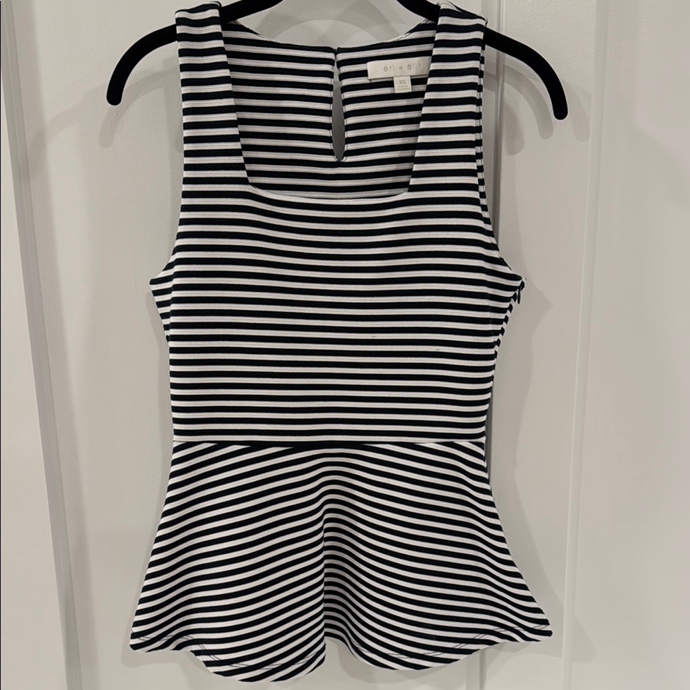 Anthropologie eri + ali Navy and White Peplum Sleeveless Tank Top